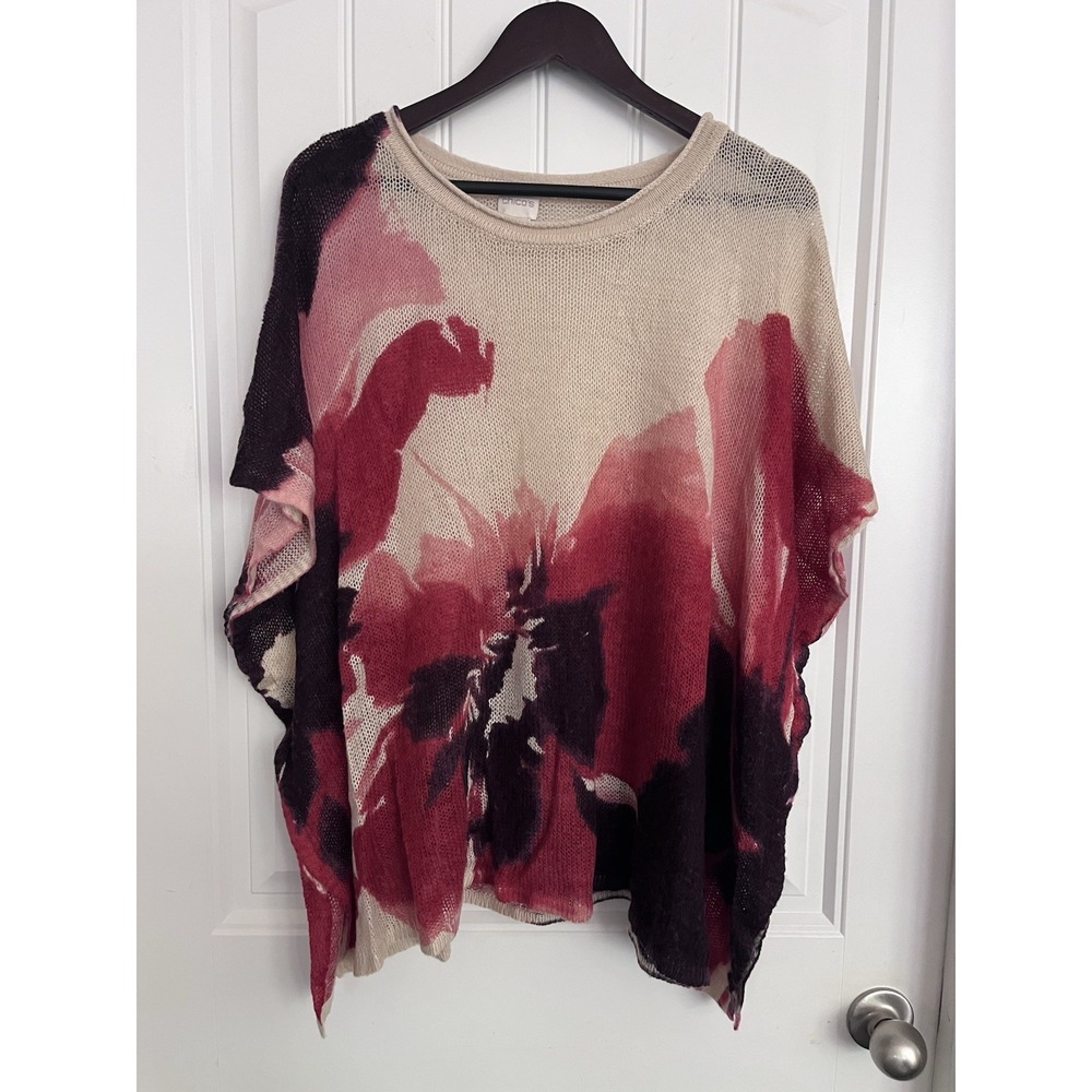 Chico's Printed Knit Poncho Ecru Floral Cotton Blend OS Boho Resort 512